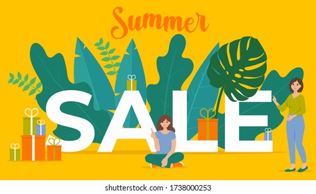 Summer sale concept with big letters SALE, small woman characters, leaves and gifts boxes. Vector illustration in flat style for banner, landing page, web site