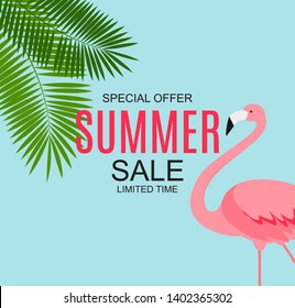 Summer Sale concept with Colorful Cartoon Pink Flamingo Background. Vector Illustration. EPS10