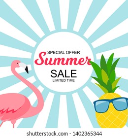 Summer Sale concept with Colorful Cartoon Pink Flamingo Background. Vector Illustration. EPS10