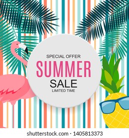 Summer Sale concept with Colorful Cartoon Pink Flamingo Background. Vector Illustration. EPS10