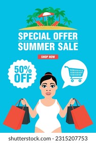 Summer sale concept design flat with girl in swimsuit. Special offer summer sale 50% off. Vector illustration