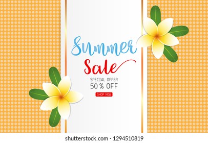 Summer sale concept for discount promotion with plumeria flower on orange background