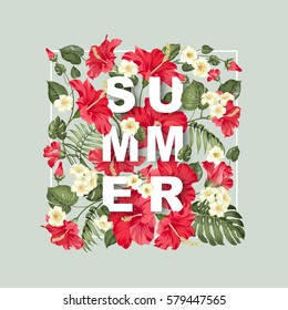 Summer sale concept. Elegant card with blooming hibiscus flowers isolated over gray background. Vector illustration.