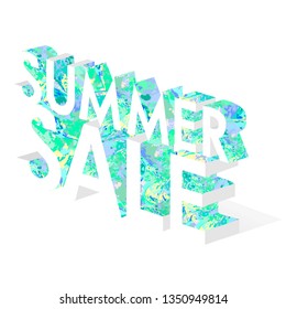 Summer sale concept  isometric illustration. white 3d typography with colorful paint splatter drop shadow