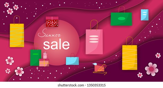 summer sale concept paper vector desing with gifts , shopping package Vektor illustration