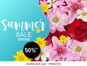 Summer sale Concept with with realistic of beautiful tropical flowers on background color. Vector Eps.10