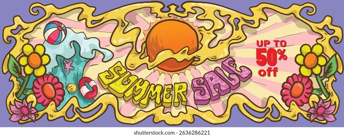 summer sale concept. retro cartoon style  tropical summer sun with sea waves and flowers and hand writen text. vintage psychedelic banner template vector illustration.