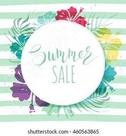 Summer sale Concept. Summer sale script. Summer background with tropical flowers. Template Vector illustration.