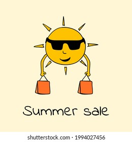 Summer sale concept. Sun mascot holding shopping bags. Hand drawn cartoon vector illustration.