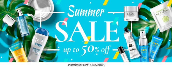 Summer Sale Cosmetic Banner Ads With Products In Flat Lay Perspective, 3d Illustration Tropical Leaves