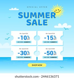 Summer sale coupon promotion template vector illustration. Sea background