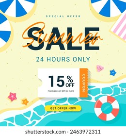 Summer sale coupon promotion vector illustration. Summer beach background