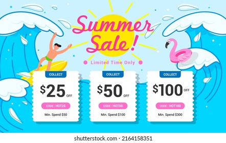 Summer sale coupon template background vector illustration. Happy Big waves surfing