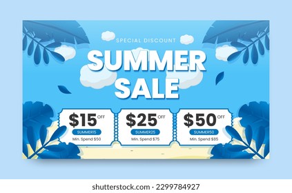 Summer sale coupon template, summer landscape background vector illustration. Usable for banner, landing page web.
