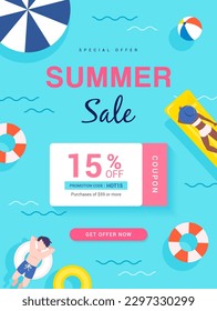 Summer Sale coupon template poster vector design. Pool party theme