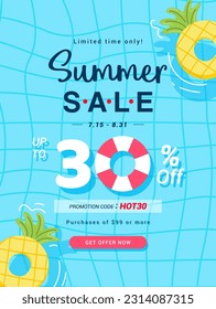 Summer sale coupon template poster vector design. Pineapple pool raft on swimming pool background
