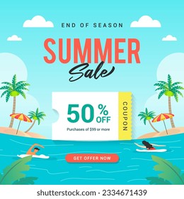 Summer sale coupon template vector design. Happy summer island