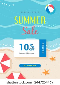 Summer sale coupon template vector design. Summer beach flat design
