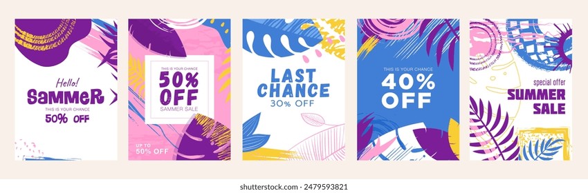 Summer sale cover brochure set in trendy flat design. Summertime banner templates with abstract frames, brush blots, palm tree leaves, decorative plants, shopping price offers. Vector illustration.