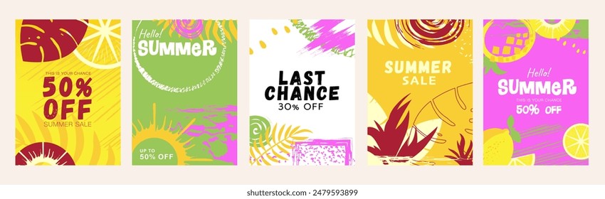 Summer sale cover brochure set in trendy flat design. Summertime banner templates with decorative palm tree leaves, simple lemon and pineapple, blots, shopping promotion offers. Vector illustration.