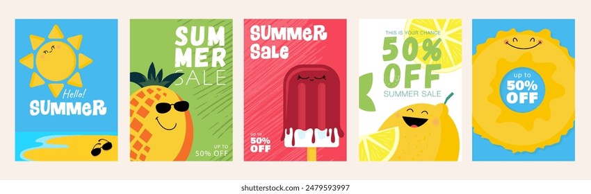 Summer sale cover brochure set in trendy flat design. Summertime banner templates with cute sun, pineapple, ice cream, lemon and swim rubber ring with funny faces and price offer. Vector illustration.