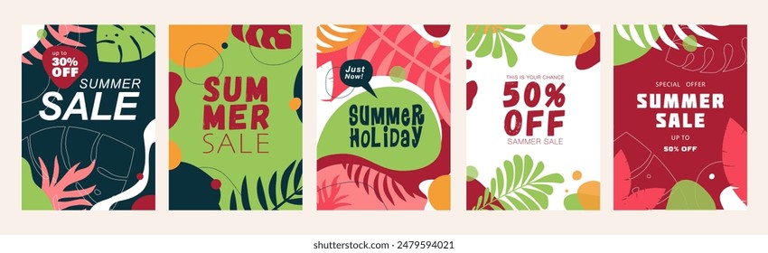 Summer sale cover brochure set in trendy flat design. Summertime banner templates with decorative palm tree leaves and simple contour jungle plants with shopping promotion offers. Vector illustration.
