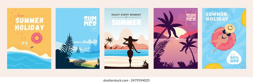 Summer sale cover brochure set in trendy flat design. Summertime banner templates with exotic ocean beach, yacht swimming, woman in swimsuit at resort, palm trees in sunset. Vector illustration.