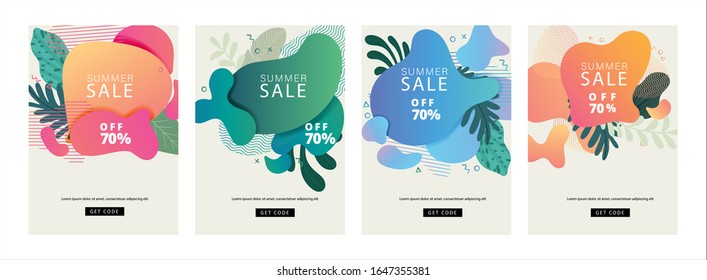 Summer sale cover design, Sale banner template with liquid shape, Organic shape, Memphis design element, Tropical leaf, flower, floral decoration, minimal trendy style for holiday and sale season.