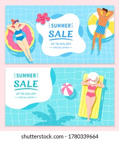 Summer sale cover template in flat style, concept of relaxing in a swimming pool, for website ad, banner and header use