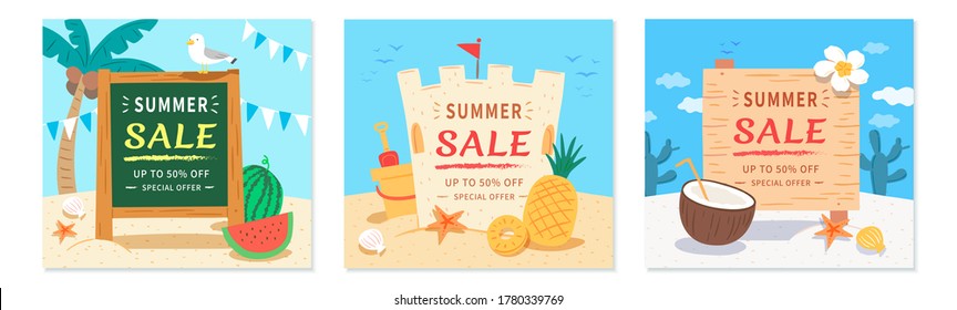 Summer sale cover template for social media and mobile app, concept of beach vacation in flat design
