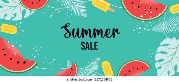 Diseño creativo de banner en venta de verano. Plantilla de marco de verano del vector. sandía con helado de langosta en limón o piña. Resumen de arte moderno para la nueva temporada de venta. Textura de patrón decorativo.