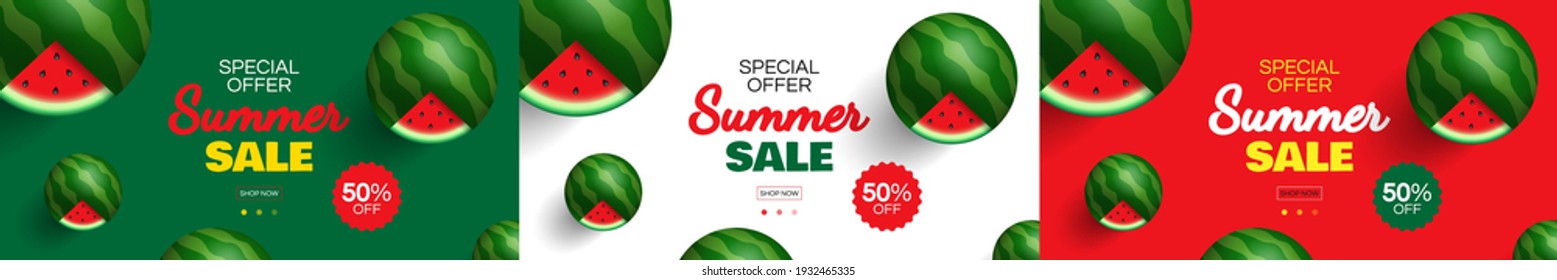 summer sale creative  horizontal banners set design  with watermelon on colorful background vector illustration