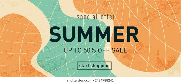 Summer Sale: Creative Liquid Design Set with Retro Patterns. Modern Background for Advertising, Web, Social Media, Posters, Banners, and Covers. Sale Offer 50%. Vector Illustration.