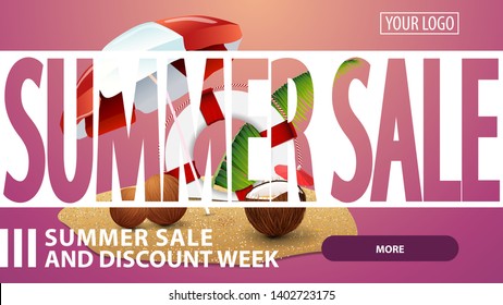 Summer sale, creative pink discount web banner for your website with coconut cocktail, beach umbrella and lifeline