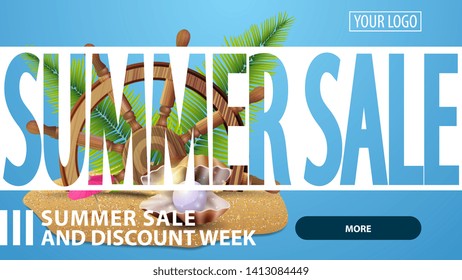 Summer sale, creative pink discount web banner for your website with steering wheel of the ship in the sand, palm leaves and pearl
