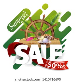 Summer sale, creative web banner with modern texture, steering wheel of the ship in the sand, palm leaves and pearl