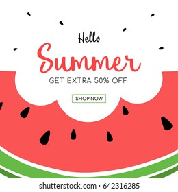 Summer sale with Cute Watermelon Slice with a bite, vector illustration.