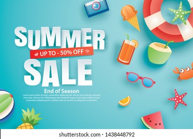 Summer sale with decoration origami on blue sky background. Paper art and craft style. Vector illustration of ice cream, watermelon, sunglasses.