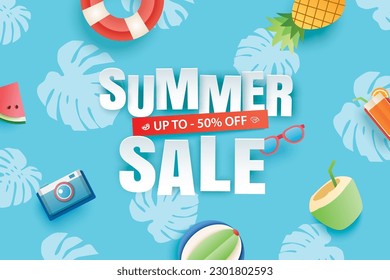 Summer sale with decoration origami on blue sky background. Paper art and craft style.