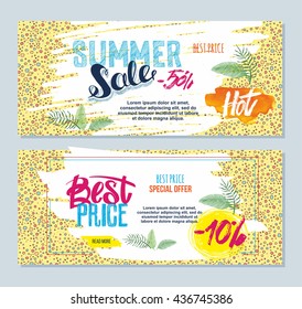 Summer Sale decorative banner. Background with watercolor splash. Hand drawn lettering  best price tag. poster with abstract dots. 