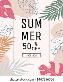 Summer sale design banner, tropical leaves, palm leaves, background, poster. vector.