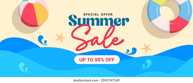 Summer sale design with beach island with summer elements in sand background. Vector illustration template.