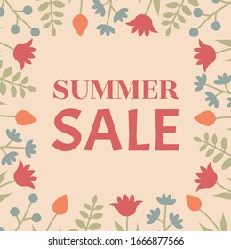 Summer sale design. Beautiful colorful illustration with floral decorative frame. Vector EPS10