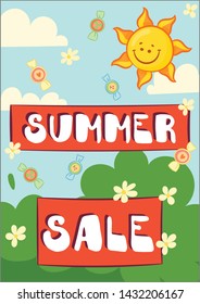 Summer Sale design concept banner, poster, card, flyer, leaflet for children shop. Vector illustration of Summer Sale, discount offer. Sale poster children design. Badge, layout, advertising concept