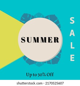 Summer sale design with cutout shape banner layout leaf bright color background. Discount vouchers. Vector illustration of a template.