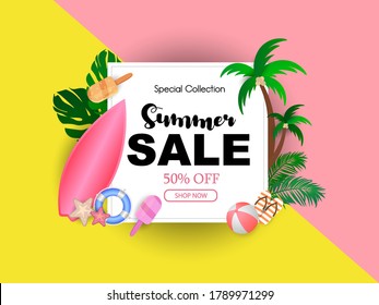 Summer Sale Design with Exotic Palm Leaves and Vintage Wood Board on Tropical Island Background. Vector Holiday Special Offer Illustration with Beach Ball and Flower for Coupon, Voucher, Banner, Flyer