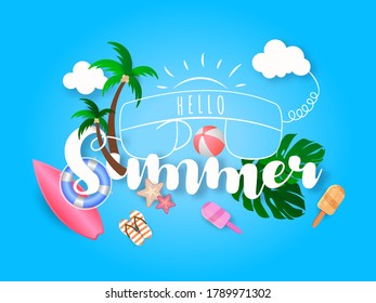 Summer Sale Design with Exotic Palm Leaves and Vintage Wood Board on Tropical Island Background. Vector Holiday Special Offer Illustration with Beach Ball and Flower for Coupon, Voucher, Banner, Flyer