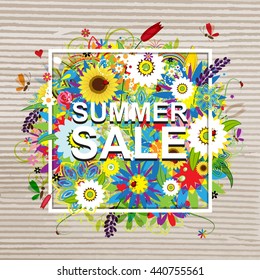 Summer sale design, floral frame on cardboard paper