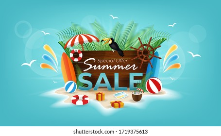 Summer Sale Design With Flower, Beach Holiday Element, Ramphastidae Bird And Exotic Leaves On Blue Background. Tropical Floral Vector Illustration With Special Offer Typography For Banner, Flyer, Card