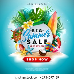 Summer Sale Design With Flower, Beach Holiday Elements And Exotic Leaves On Ocean Blue Background. Tropical Floral Vector Illustration With Special Offer Typography For Coupon, Voucher, Banner, Flyer